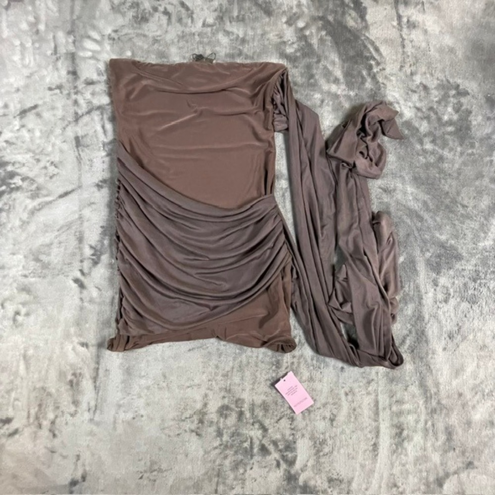 PrettyLittleThing Chocolate Slinky Wrap Scarf Mini Dress Brown CNO8893 Size 10